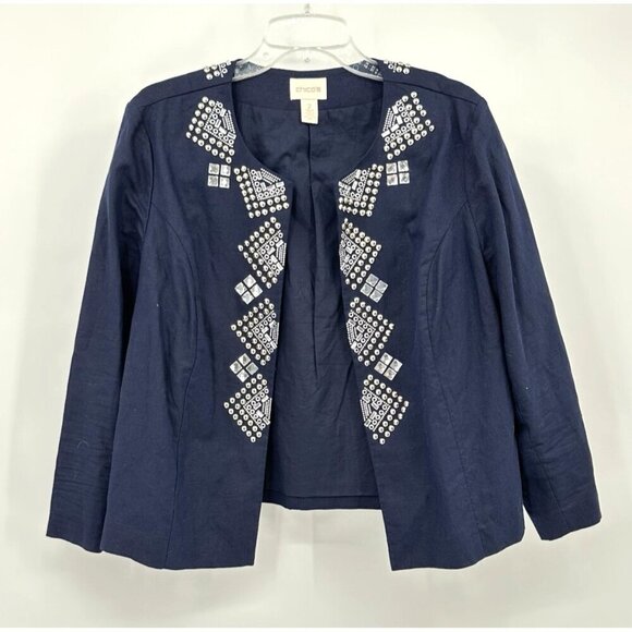 CHICOS jacket blazer linen cotton embellished studded rhinestones blue M L 2 - Picture 1 of 8